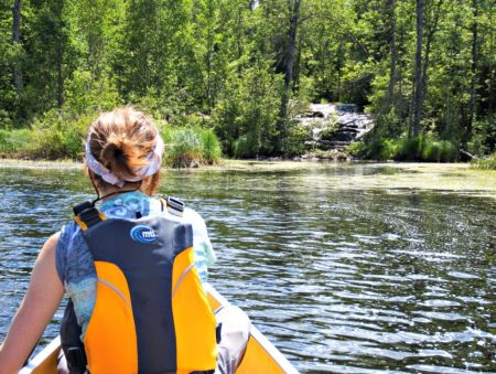 Woman in a canoe along the edge of a forest. 