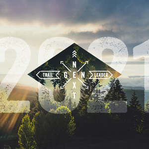 NextGen Trail Leader 2021 graphic over a cloudy sunset and evergreen forest