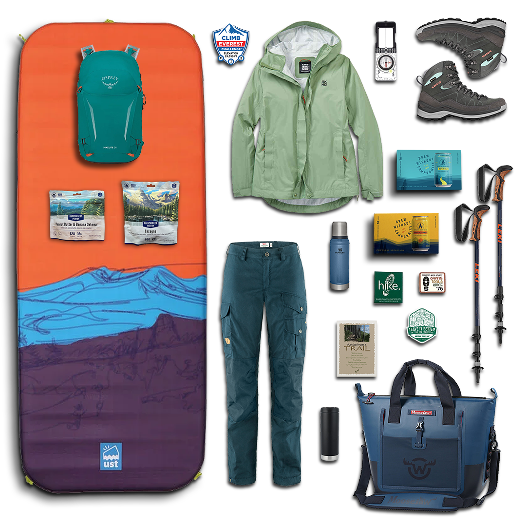 layout of National Trails Day gear prize items on a green topo background