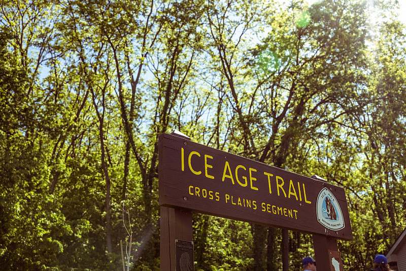 Ice Age Trail Sign for the Cross Plains Segment with threes and the sun shining behind the sign