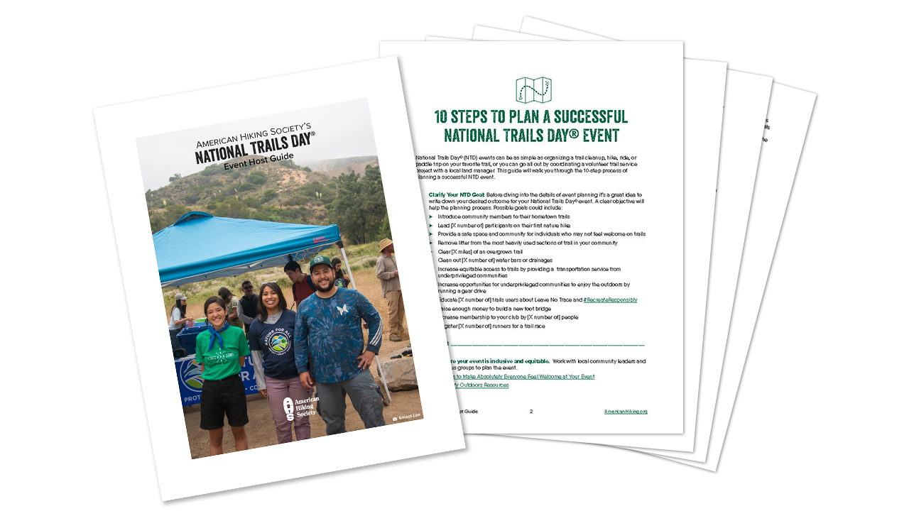 pages of the event guide are displayed showing the over of the guide with three people smiling in front of an event canopy and the second page of content is also visible showing "10 steps To plan a successful National Trails Day® Event"