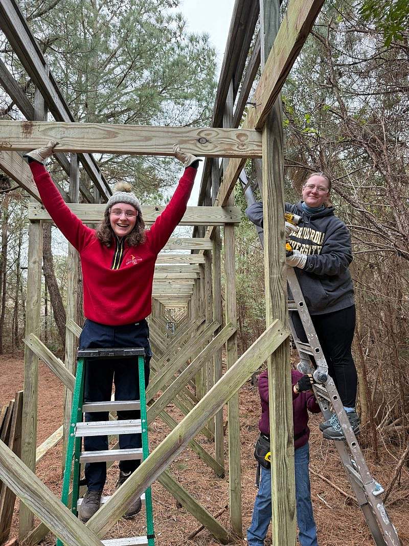 Two students pose standing on ladders next to wooden frame structure with power tools in hand.Â