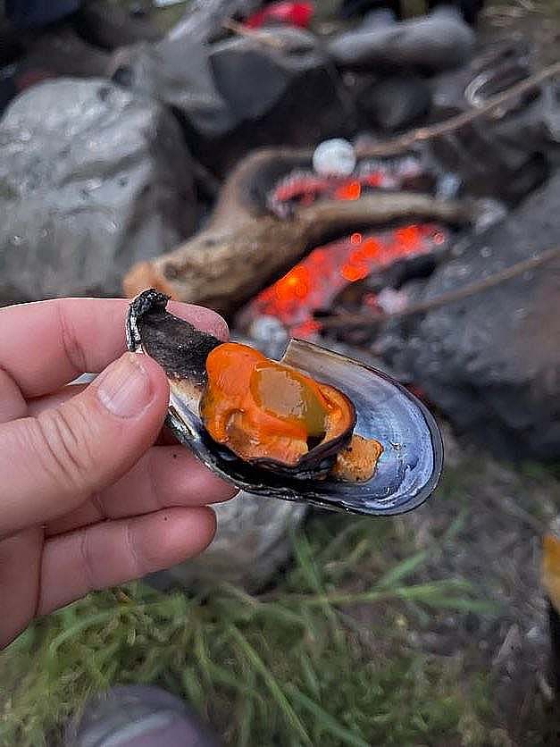 A shelled oyster cooked over the campfire.