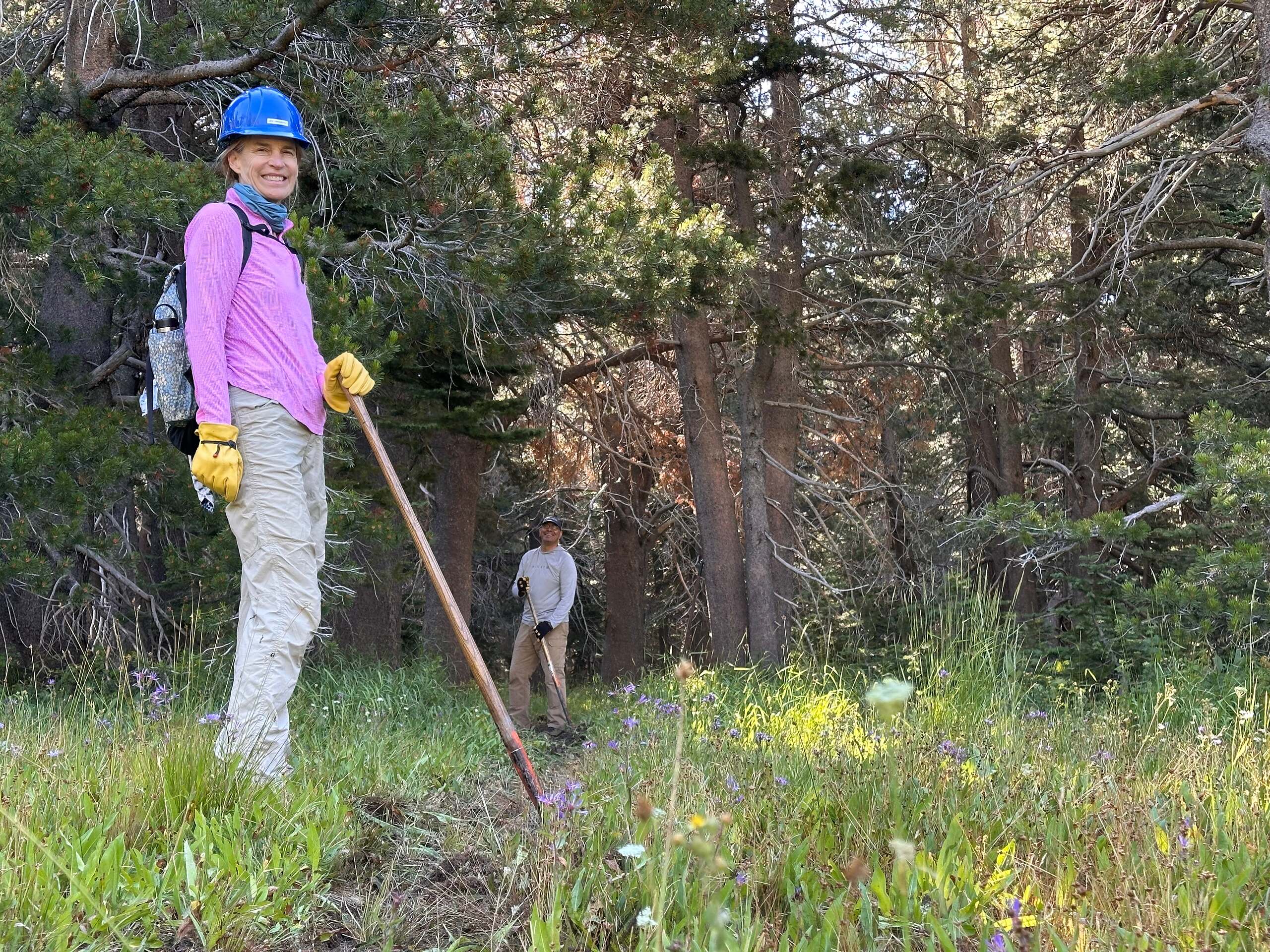 An American Hiking Society volunteer in a hard hat and gloves carries a pulaski along a forested trail